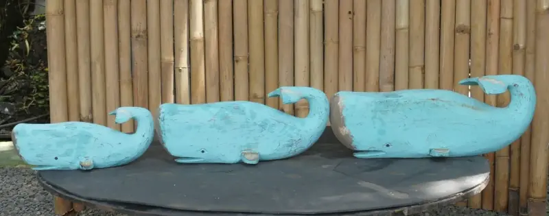 Product image 5 of the product “Whale, wood in turquise. Set of 3; Size L: 48x20x22cm H, Size M:38x18x18cm H, Size S: 30x12x13cm H. ”